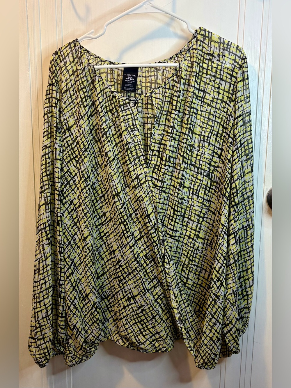 George Yellow Plaid Lightweight Wrap Long Sleeve Blouse - Picture 1 of 3